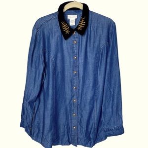 Soft Surroundings Tencel Denim Velvet Embroidered Collar Button Down Tunic Large